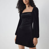 Velvet Dress With A Square Neck And Long Sleeves