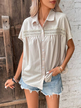 V-Neck Button-Up Solid-Color Lace Cutout Shirt