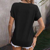 Womens V Neck Pullover Jacquard Short Sleeved Top_Cwtts0897