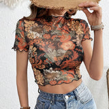 SEMI SHEER MESH FLORAL PRINT SHORT SLEEVED TOP_CWTBLS1509