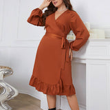 LONG SLEEVE WRAP DRESS FOR PLUS SIZE WOMEN_CWDSD8474