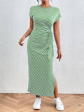 Striped Slim-Fit Waist Slimming Round Neck Dress