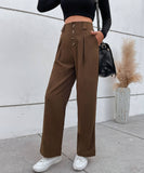 Solid Color High-Waisted Straight-Leg Pants
