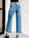 Straight-Leg Wide-Leg Rolled-Up Denim Trousers