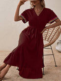 V-Neck Short Sleeve Lace-Up Mid-Length Dress