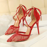 POINTED MESH LACE CROSS STRAP PUMPS_CWSHH0081