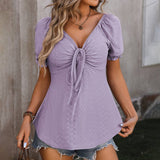 V Neck Drawstring Sexy Short Sleeved Top_Cwtbls0458