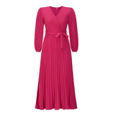 V-Neck,Long-Sleeved,Waist-Cinching Long Dress