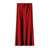 SATIN LONG SKIRT HIGH WAIST DRAWSTRING SKIRT_CWAB4792