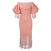 BOAT NECK LACE PATCHWORK LANTERN SLEEVE DRESS_CWDMD3683