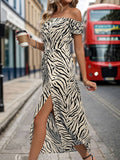 Zebra-Print Waistline Dress With Split Neck