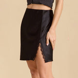 SATIN SKIRT LACE SLIT HIGH WAISTELASTIC SHORTSKIRT_CWBSS0399