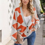 V-Neck Diamond Check Color Knit Cardigan Coat
