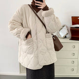 V Round Neck Spliced Lamb Wool Padded Jacket
