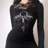 Vintage Rose Floral Print Lace Patchwork T-Shirt