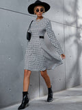 Thousand-Bird Plaid Long-Sleeved Dress