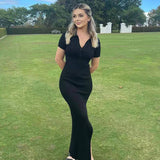 Temperament Trend Lapel Short-Sleeved Slit Dress