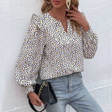 Women Long Sleeve V-Neck Polka Dot Ruffled Shirt