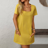 Square-Neck Short-Sleeved Casual Pockets Dress