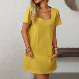 Square-Neck Short-Sleeved Casual Pockets Dress