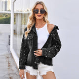 Washed Beaded Long-Sleeved Casual Denim Jacket