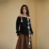 FLORAL KNIT SKINNY SCARF CROCHET NECK WRAP_CWASC2339