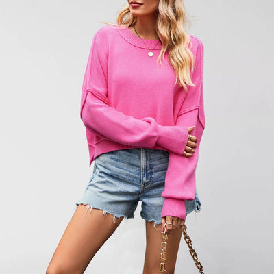 Solid Color Loose Knit Pullover Sweater Women_Cwoswl07202