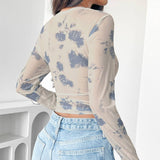 FLORAL PRINT MESH LONG SLEEVE FITTED CROP TOP_CWTBLL3428