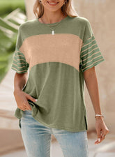 Womens Colorblock Striped Crew Neck Tee
