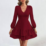 V-Neck Backless Lace Long-Sleeved Dress With Ruffles
