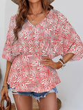 V-Neck Bat-Sleeve Loose Waist Print Pullover Top