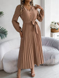 V-Neck Button-Up Long Pleated Dress