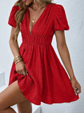 V-Neck Pleated Solid Color Dress
