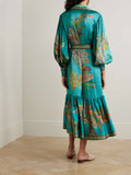 Vintage Print Dress With Lapel Lantern Sleeves