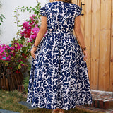 PLUS SIZE PRINTED DRESS BLUE V NECK SHORT SLEEVE_CWDMD5981