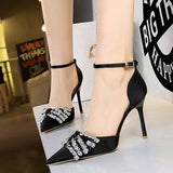 Women Retro Rhinestone Hollow Strap High Heels