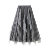 RUFFLED MESH PANEL HIGH WAIST PLEATED MIDI SKIRT_CWBMS0381