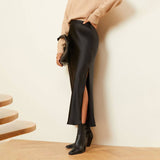 ACETATE SATIN SKIRT HIGH WAIST SLIT MAXI SKIRT_CWAB4804