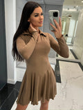 Solid Color Waistline Long Sleeve Lapel Dress