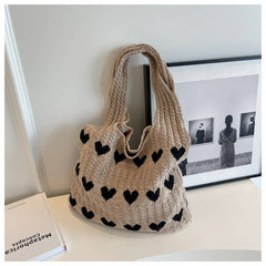 Cwab4569_Heart Pattern Knitted Large Capacity Tote Bag