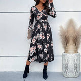 V-Neck Slim-Fit Print Lace-Up Long Dress