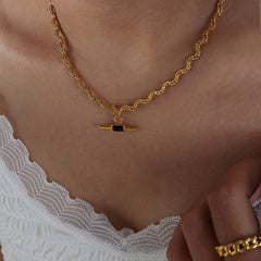 SIMPLE GLASS STONE TITANIUM STEEL PENDANT NECKLACE_CWAJE1076