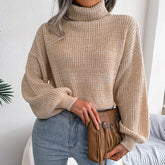 Women Loose Fit Cable Knitted High Neck Sweater_Cwoswl0460