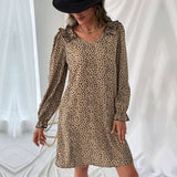 V-Neck Leopard Print Dress With Lotus Sleeves