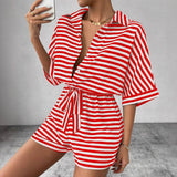 Striped Lapel Belted Shorts Short Sleeved Onesie