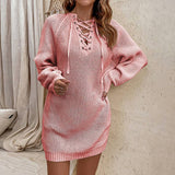 Solid Color Lace-Up Mid-Length Pullover Sweater