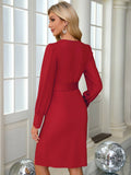 V-Neck Long-Sleeved, Belt-Hugging Knitted Dress