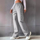 Solid Color High-Waisted Pocket Cargo Pants