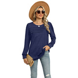 Solid Color U-Neck Pleated Long Sleeve T-Shirt