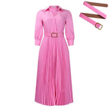 ELEGANT LAPEL SOLID COLOR WIDE HEM PLEATED DRESS_CWDMD3661